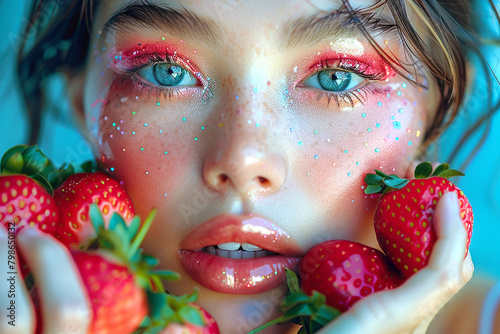 Young woman with bright make up and strawberry close up portrait, beautiful caucasian woman art photo