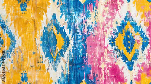 Vibrant ikat print with ethnic patterns in shades of yellow, blue, and pink.