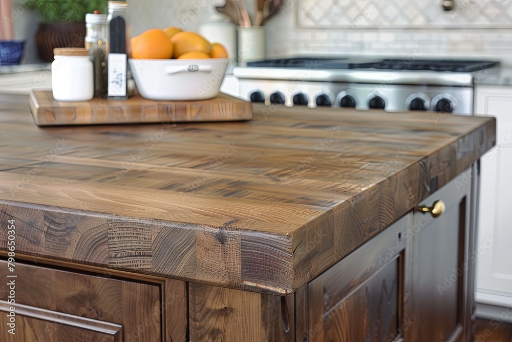 Old-Fashioned Kitchen Counter: Modern Displays on Wood Table Tops for a Warm Home Feel