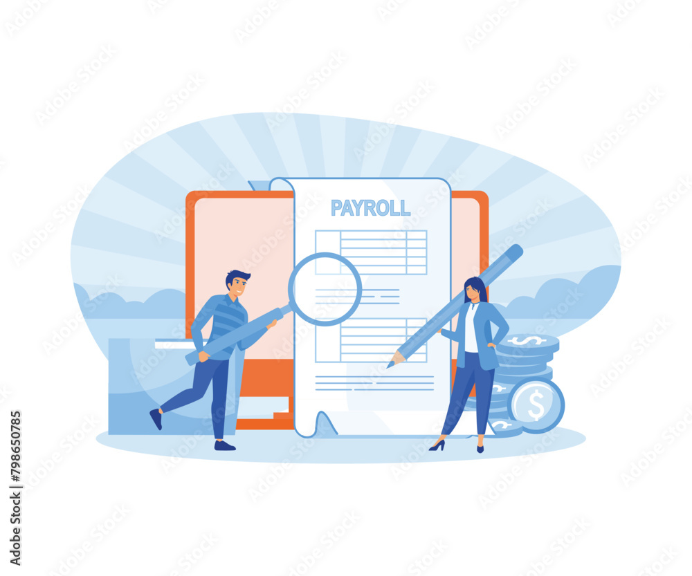 Male and female working on payroll administrative. Man and woman use pencil and magnifier to examine payroll check. flat vector modern illustration