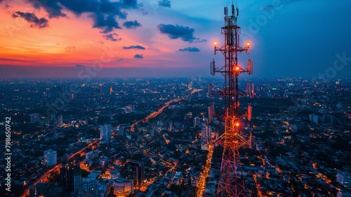 Antenna communication technology with city background. Communication tower connect to data of smart city.