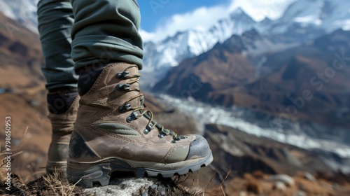 A close-up of a solo hiker's boots on the rugged trails of the Himalayas