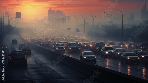 Heavy traffic in smog  red brake lights glowing  muted colors  high perspective  twilight