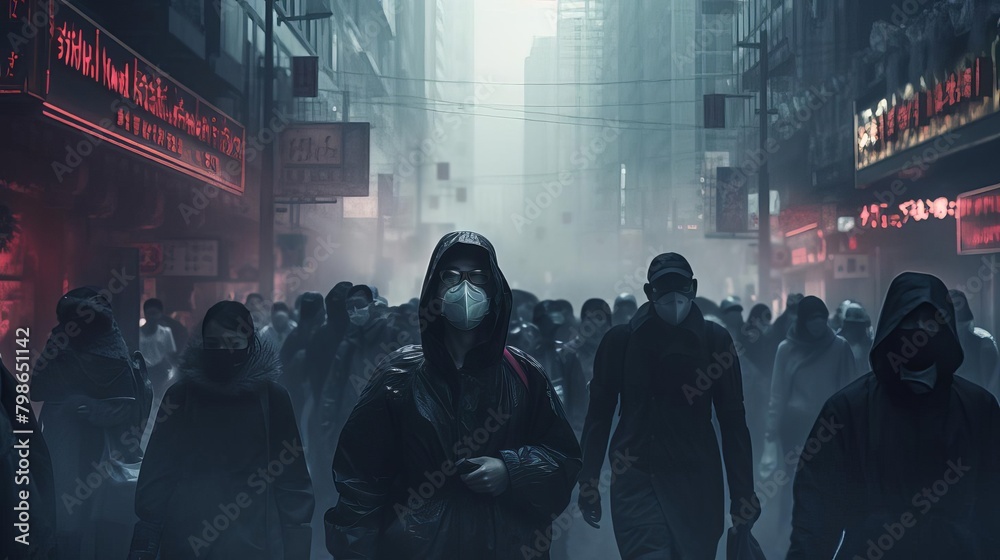 Busy urban street shrouded in smog, pedestrians with masks, diffuse lighting, eyelevel shot