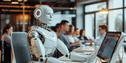 A humanoid robot with advanced features is seated at a desk, engaging in tasks alongside human colleagues in a modern office setting. AIG41