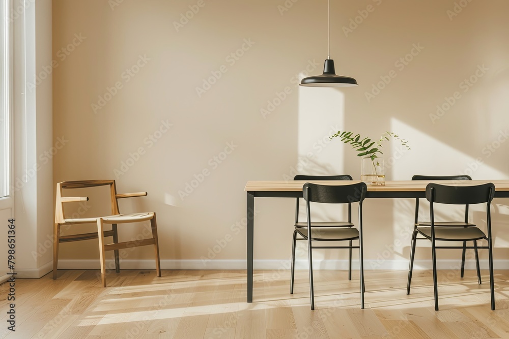 Modern Apartment Dining Room: Minimalist Style with Wooden Flooring and Black Chairs, Table, Empty Living Room, Beige Wall Panorama, Clean Stylish Chair - Cozy Dining Space Modern Apartment Dining Room: Minimalist Style with Wooden Flooring and Black Chairs, Table, Empty Living Room, Beige Wall Panorama, Clean Stylish Chair - Cozy Dining Space