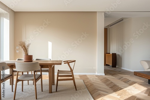 Modern Apartment Dining Room: Minimalist Style with Wooden Herringbone Floor and Bright Contemporary Decor Panorama