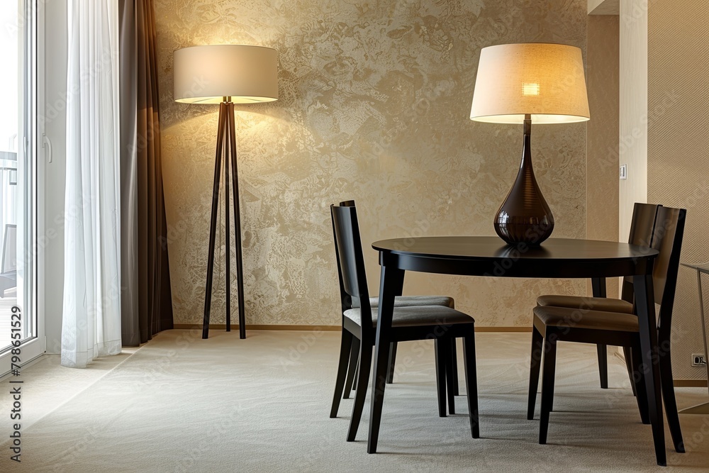 Modern Dining Room with Black Dining Set & Stylish Lamp in Cozy, Bright Apartment Interior Modern Dining Room with Black Dining Set & Stylish Lamp in Cozy, Bright Apartment Interior