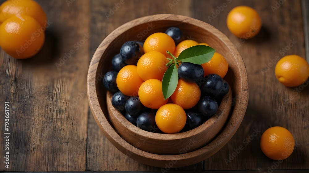 Fresh fruit in a bowl with a wooden backdrop, kumquat Fresh fruit in a bowl with a wooden backdrop, kumquat