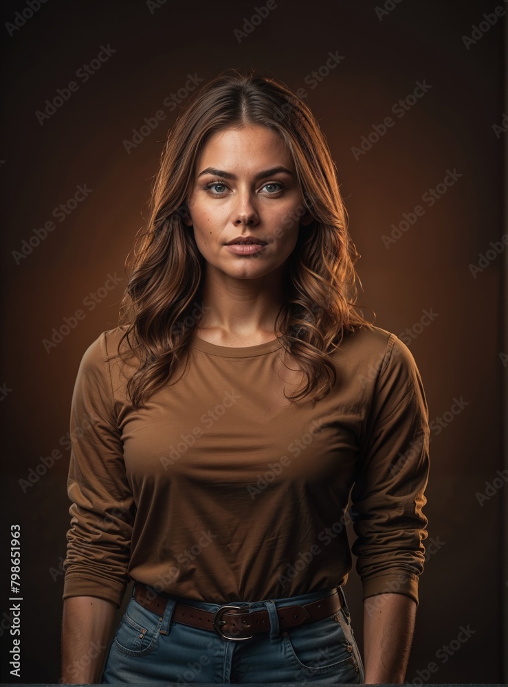 Portrait of a beautiful woman with long brown hair wearing a brown sweater. T-shirt Mockup design for your brand Portrait of a beautiful woman with long brown hair wearing a brown sweater. T-shirt Mockup design for your brand
