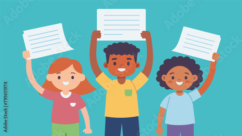 The children proudly hold up their handwritten or typed stories a tangible representation of their creativity and hard work as they eagerly