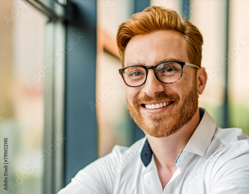 Handsome forty years old friendly caucasian ginger red hair man smilling wearing glasses in home interior © OceanProd