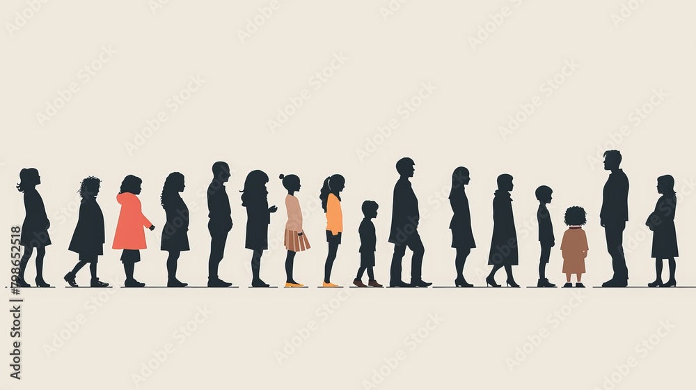 A line of diverse people, from children to elderly, standing in a queue, depicted as vector silhouettes against a minimalist background