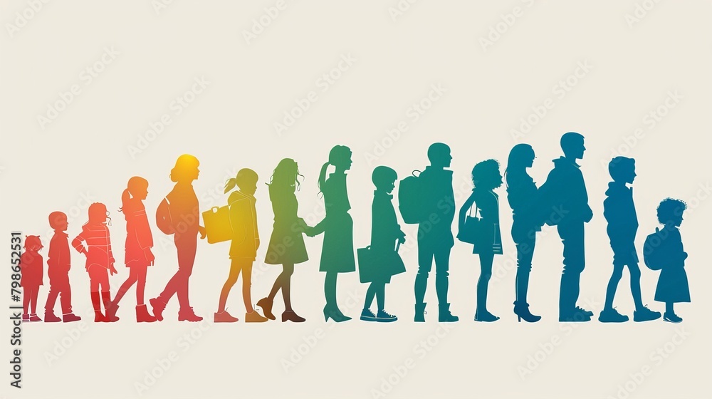 A line of diverse people, from children to elderly, standing in a queue, depicted as vector silhouettes against a minimalist background