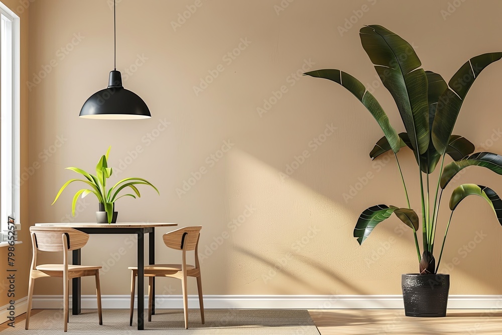 Modern Stylish Apartment Dining Room with Black Pendant Lamp and Large Plant Modern Stylish Apartment Dining Room with Black Pendant Lamp and Large Plant