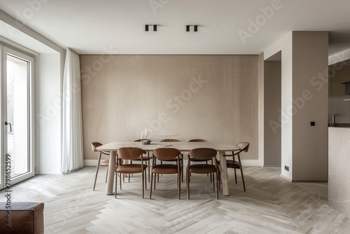 Modern Stylish Minimalist Dining Area with Herringbone Floor and Contemporary Decoration