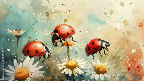 Three red ladybugs on white daisies in watercolor.