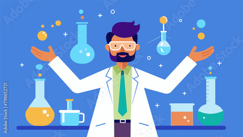 A scientist surrounded by beakers and test tubes passionately conducting experiments in the pursuit of a breakthrough discovery.. Vector illustration