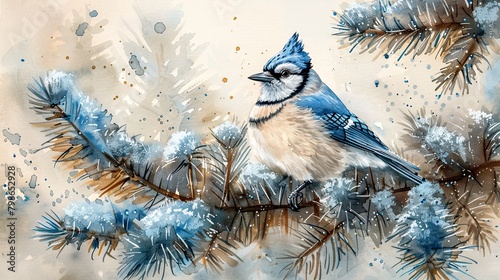 A blue jay perched on a snowy branch photo