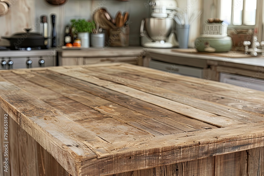 Light-Filled Wooden Desk in a Rustic Kitchen: Embracing Design on Wood Tables and Blurred Backdrops