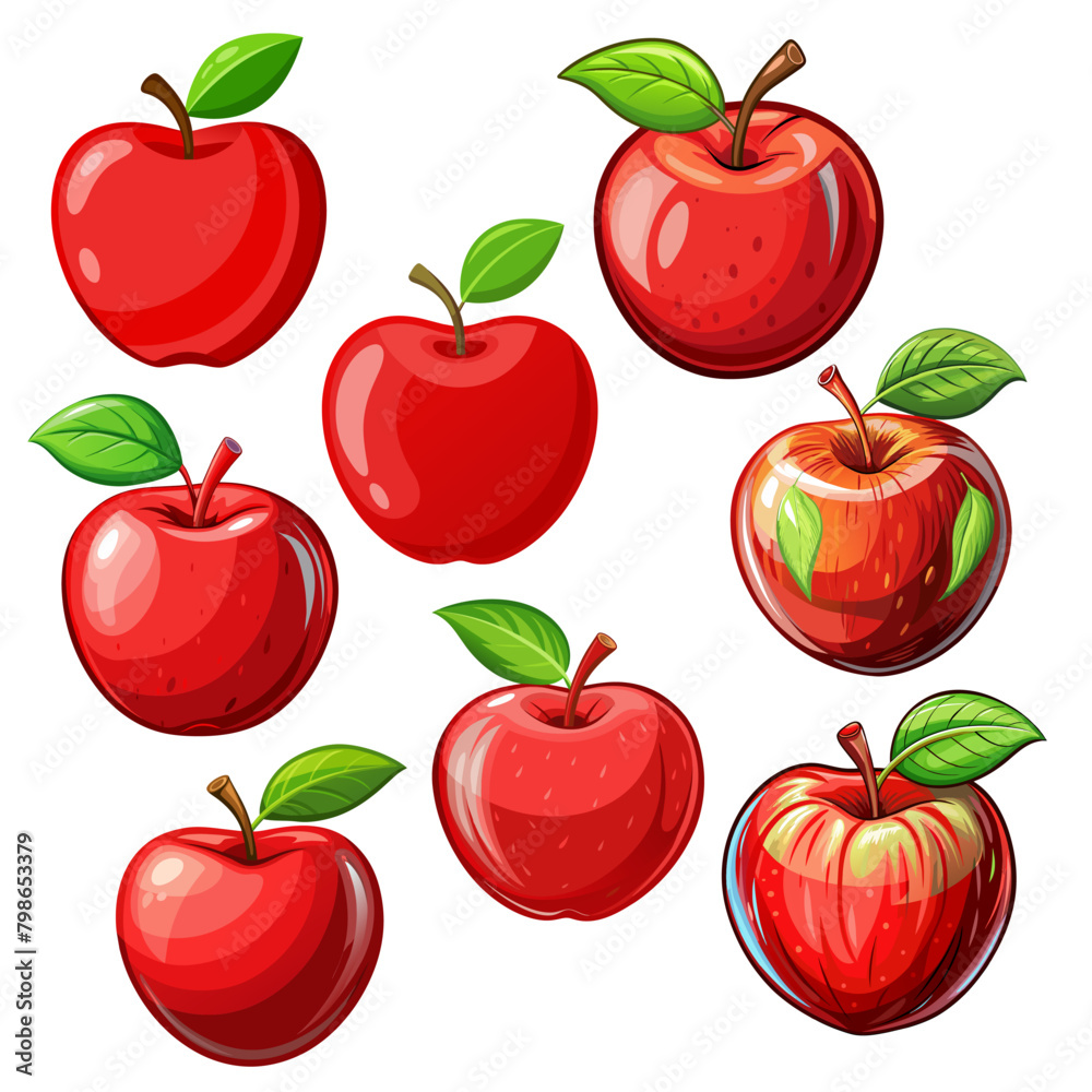 Set of sweet red apple fruit art drawn on white background Set of sweet red apple fruit art drawn on white background