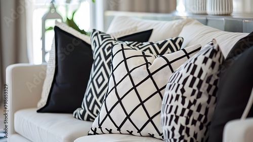 Minimalist Sofa Setup with Geometric Patterned Pillows in Monochrome Palette Exuding Modern Vibes photo