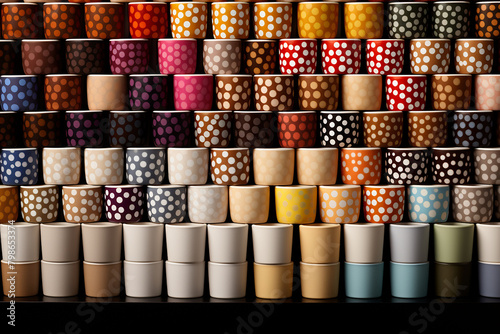 Stacked coffee cups with various polka dot patterns and colors