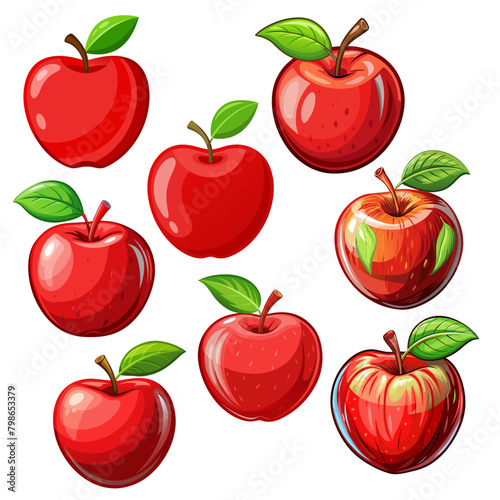 Set of sweet red apple fruit art drawn on white background