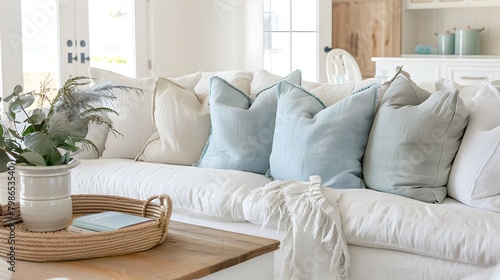 Casual Elegance Fills Bright Beach House Living Room with Pastel Linen Pillows
