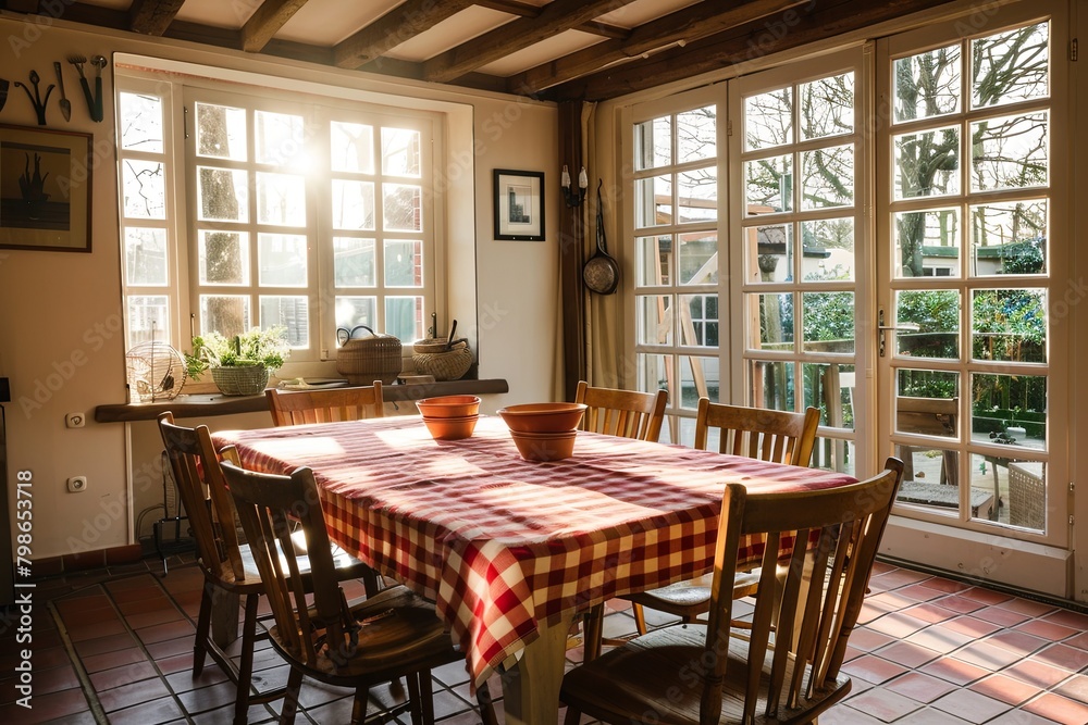 Cozy Breakfast Table Setup: Rustic Dining Furniture in a Light-Filled Room Cozy Breakfast Table Setup: Rustic Dining Furniture in a Light-Filled Room