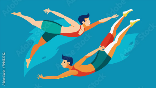 A synchronized diving duo performing stunning flips and twists their impeccable timing achieved through neural synchronization..