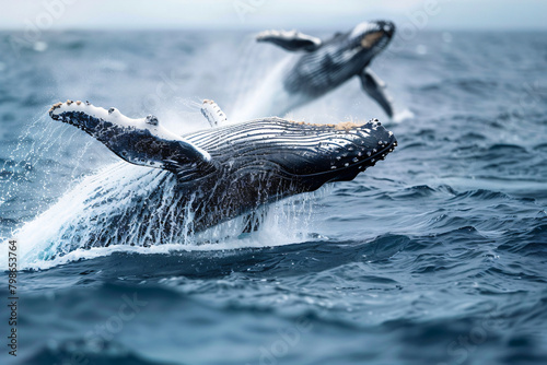 Humpback whales breaching with ocean spray. Dynamic wildlife photography. World Ocean Day concept for poster, banner, and conservation awareness © Alexey