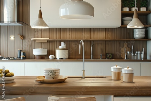 Retro Kitchen Atmosphere  Wooden Textures in Retro White and Brown Decor