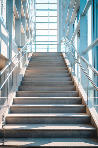 Long staircase with railings in a modern building