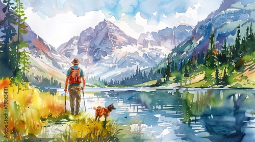A watercolor painting of a man and his dog hiking in the mountains. The man is wearing a red shirt and blue pants. The dog is brown and white. They are walking on a dirt path that leads to a lake. The photo
