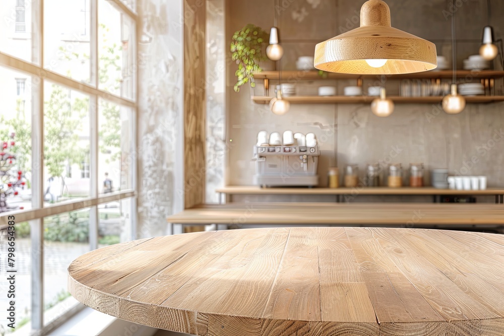 Fototapeta premium Wood Top Round In-Stock Kitchen Ambiance for Cafe Display: Bright & Empty Background Concept