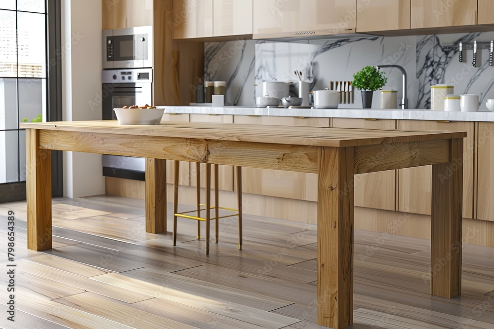 Modern Kitchen Display on Wood Table Top: Showcase with Mockup Ready Tables Modern Kitchen Display on Wood Table Top: Showcase with Mockup Ready Tables