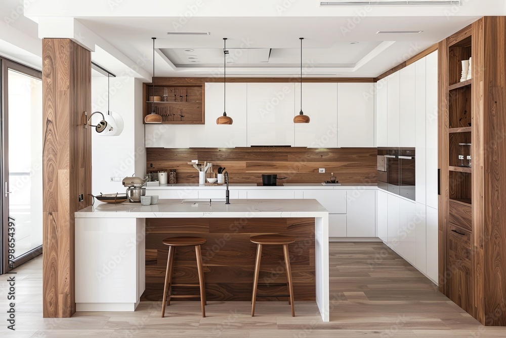 Bright Wooden Home Kitchen with White and Brown Surfaces