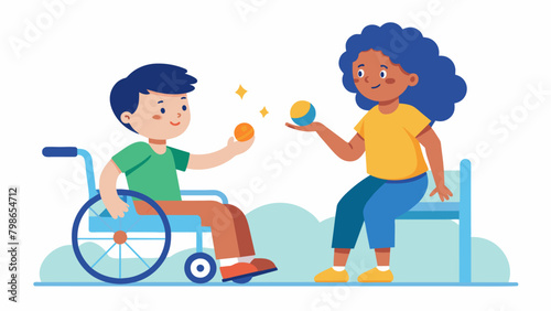 Two children one with a wheelchair and one with a prosthetic leg playing a game of tag demonstrating the freedom of inclusion and accommodation.. Vector illustration
