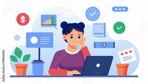 A woman sitting at her desk feeling overwhelmed with her finances while an AI assistant suggests ways to consolidate debt and lower payments.. photo