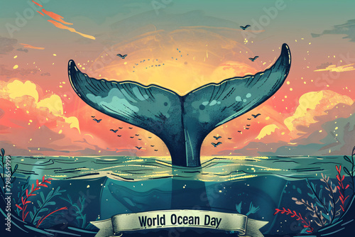 Whale Tail Sunset Illustration with World Ocean Day Banner. Vintage poster style with oceanic and sunset motifs. Marine life awareness and conservation design for World Ocean Day event promotion photo