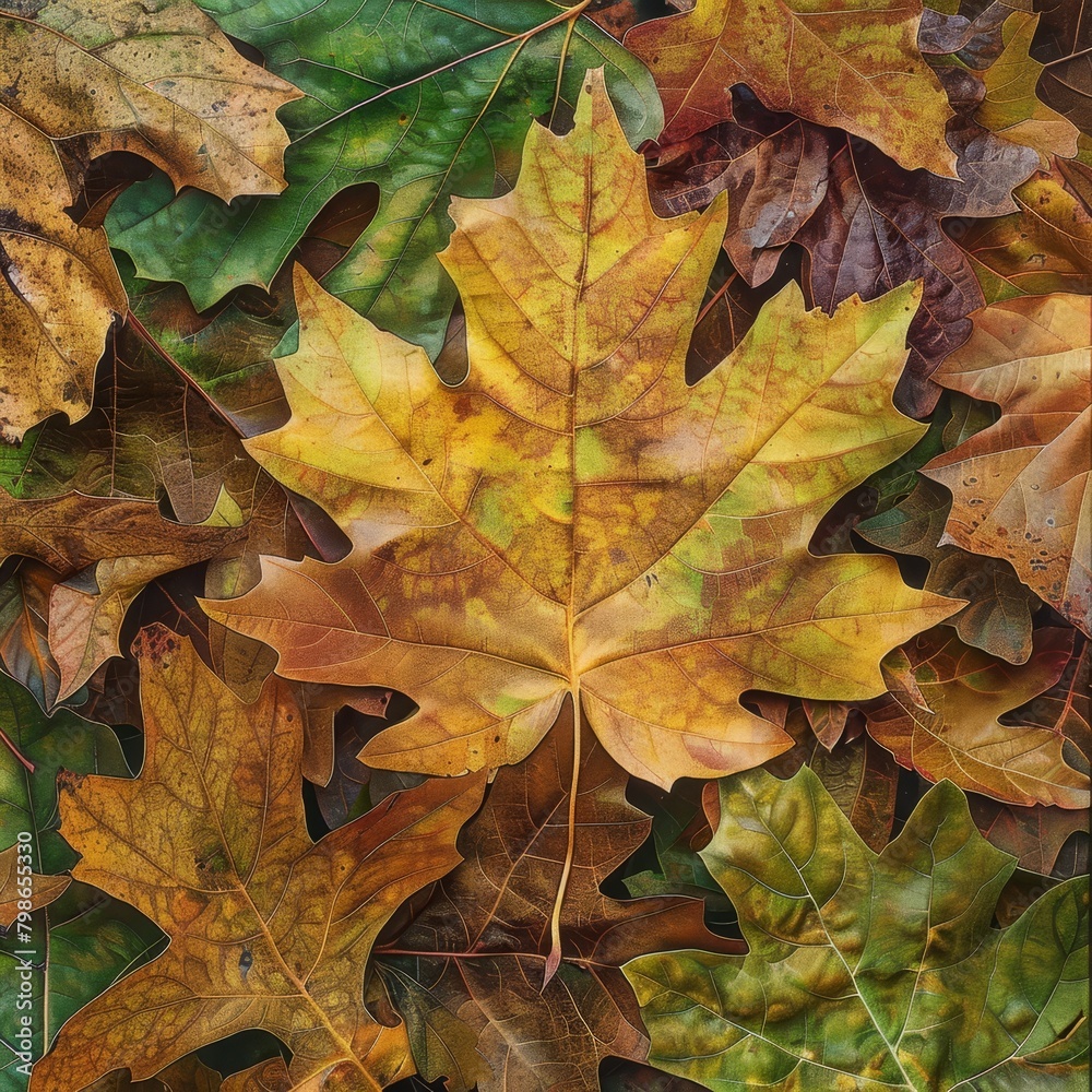   A collection of leaves stacked on top of one another over a layer of green, yellow, and brown foliage