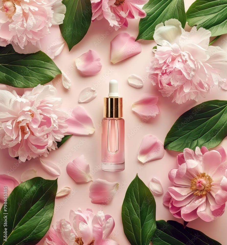 A bottle of perfume atop a pink backdrop; flowers in hues of pink surround, with verdant leaves completes the scene A bottle of perfume atop a pink backdrop; flowers in hues of pink surround, with verdant leaves completes the scene