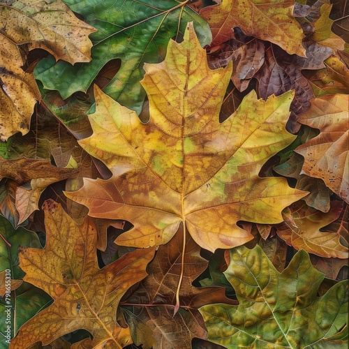  A collection of leaves stacked on top of one another over a layer of green, yellow, and brown foliage