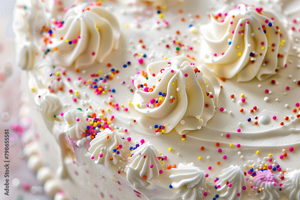 A white frosted cake with sprinkles on it. The cake is decorated with a lot of sprinkles and has a very colorful and festive appearance A white frosted cake with sprinkles on it. The cake is decorated with a lot of sprinkles and has a very colorful and festive appearance