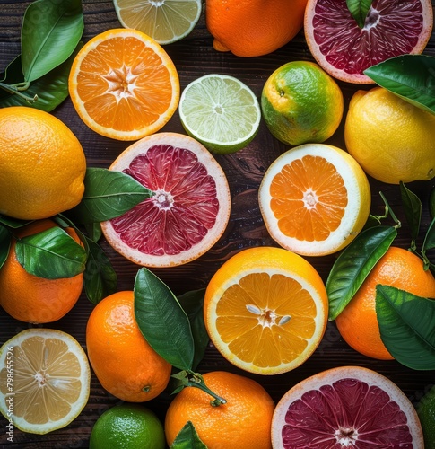   Oranges  lemons  limes  and grapefruits are placed on a wooden surface  adorned with their accompanying leaves