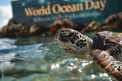 Sea turtle swims in the ocean. Dynamic wildlife photography. World Ocean Day concept for poster, banner, and conservation awareness