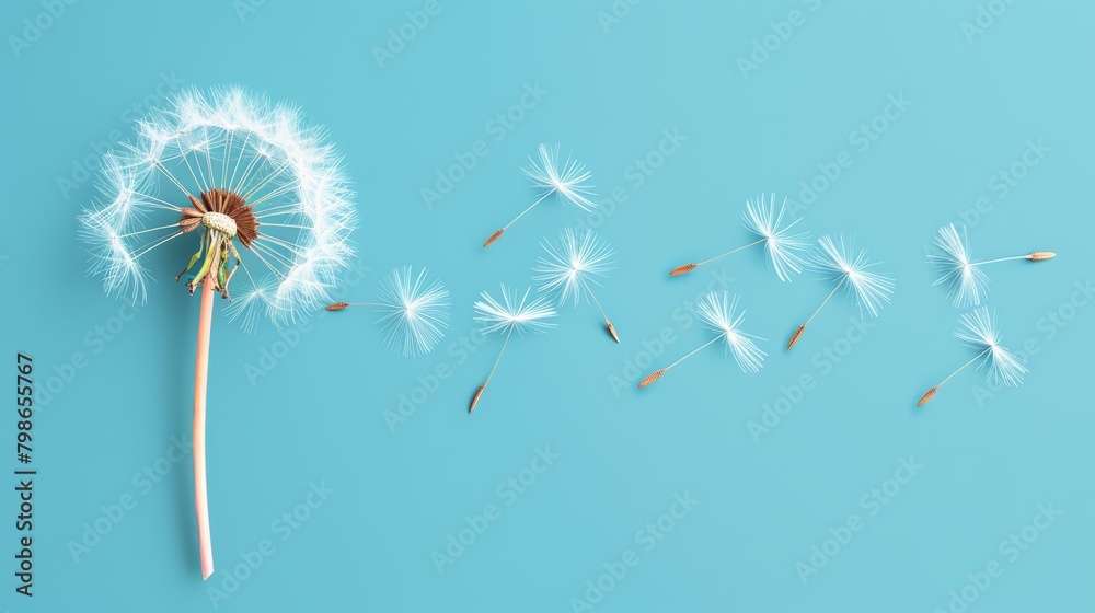 Fototapeta premium A solitary dandelion drifts in the wind against a blue backdrop, surrounded by more suspended blooms