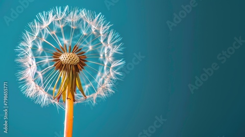  A tight shot of a dandelion against a backdrop of blue  softly blurred at its uppermost portion