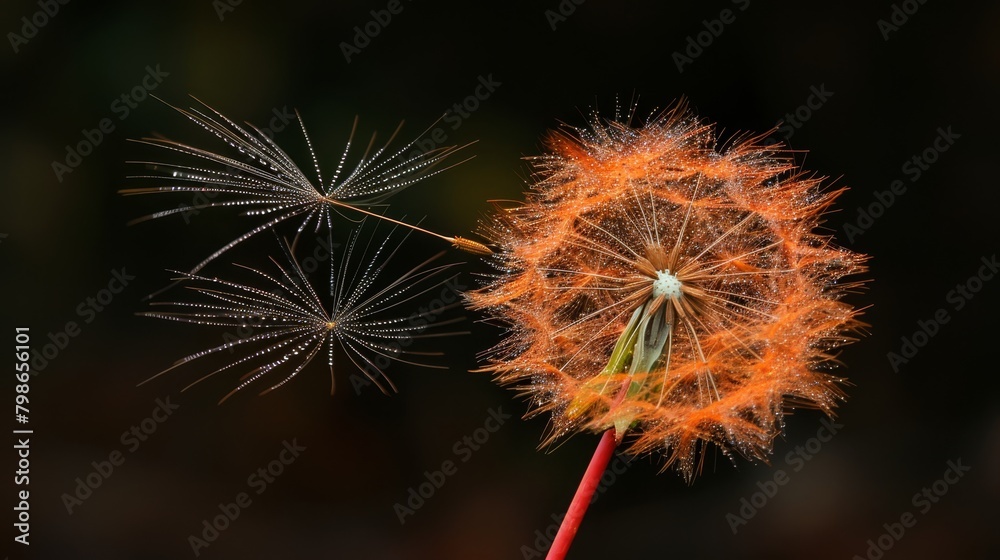   A tight shot of a dandelion against a black backdrop, its soft details slightly obscured by a subtle blur